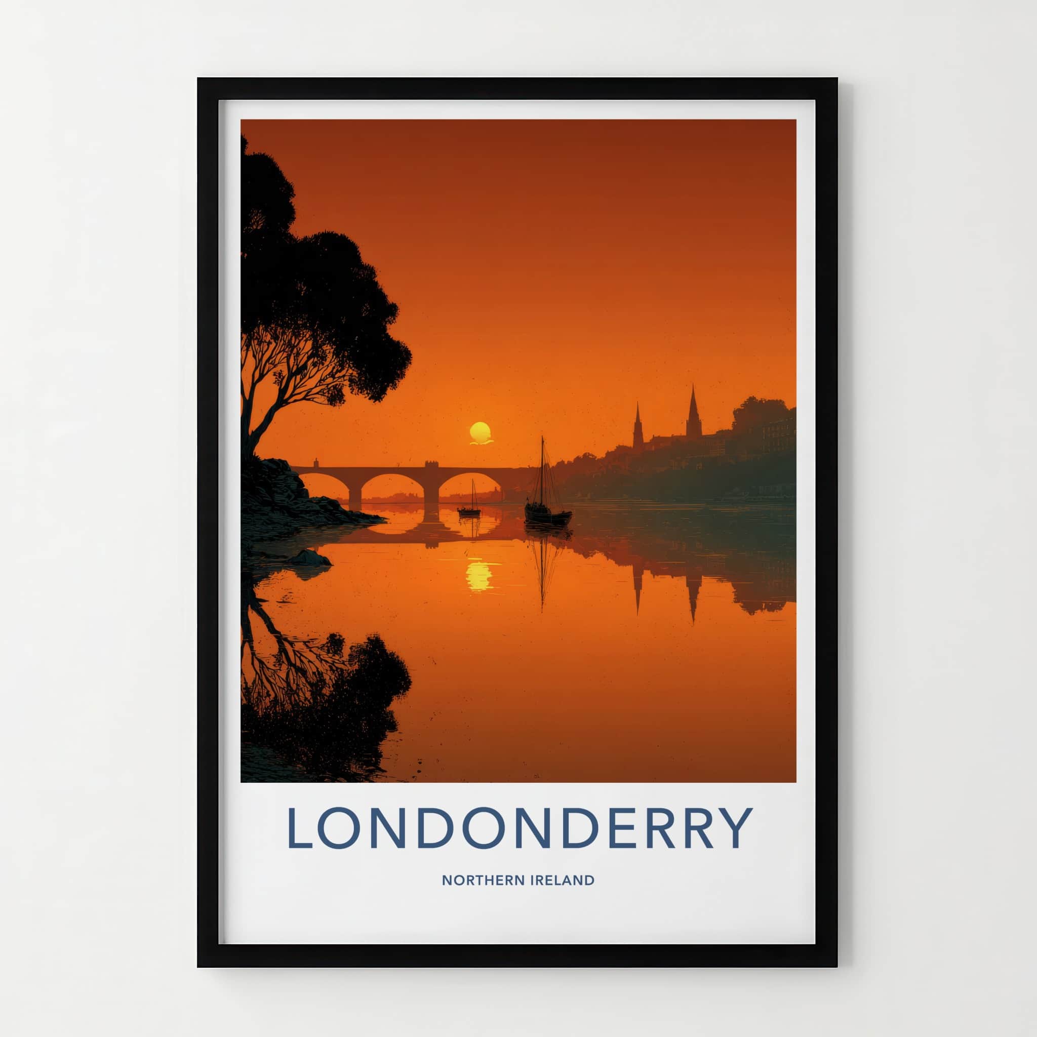 Londonderry Poster - Northern Ireland Travel Art - River Sunset Silhouette Wall Decor