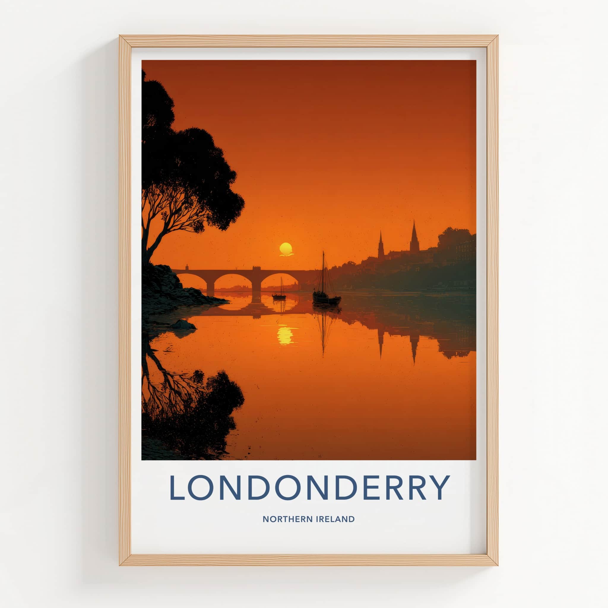 Londonderry Poster - Northern Ireland Travel Art - River Sunset Silhouette Wall Decor