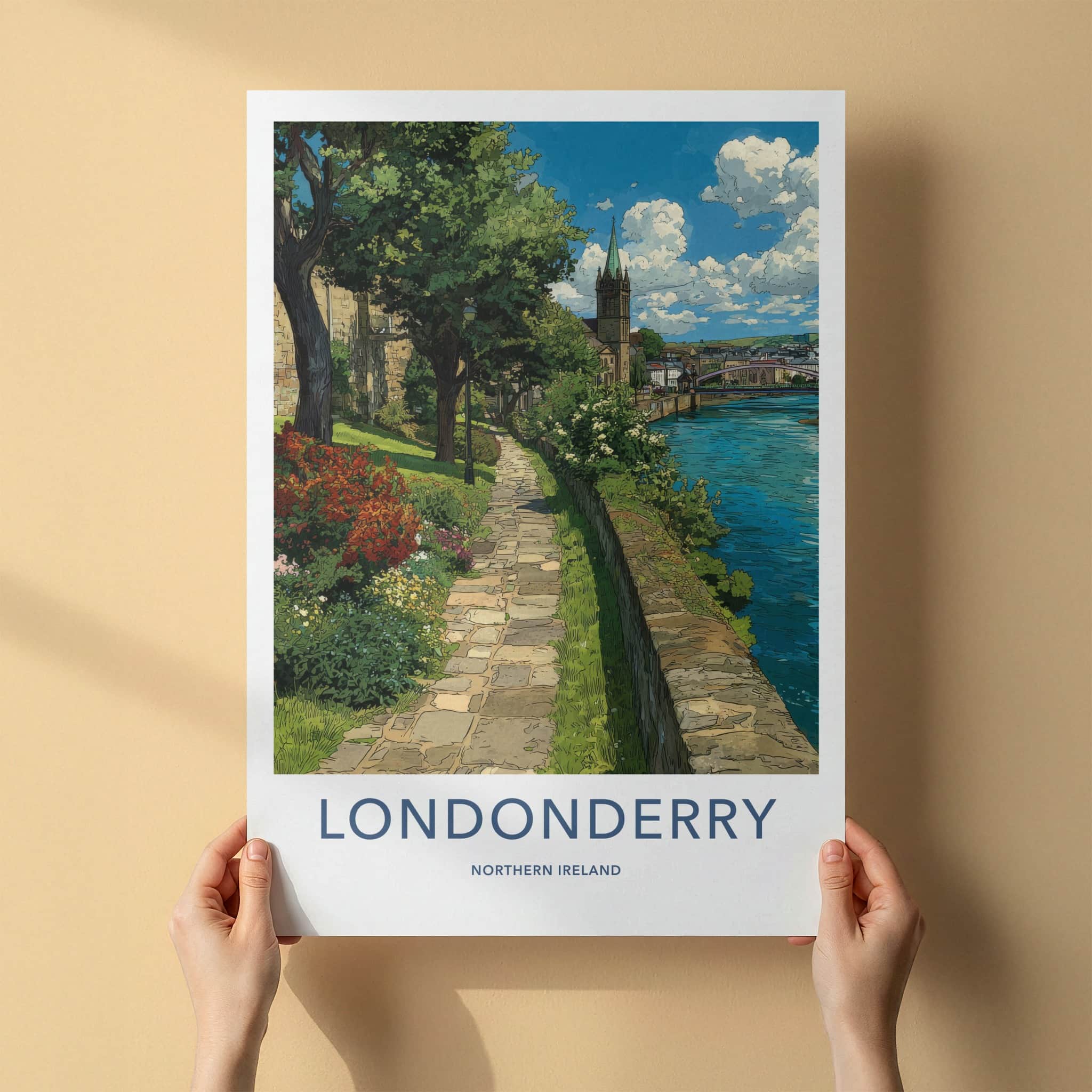 Londonderry Poster - Northern Ireland Wall Art - Riverside Stone Path Gift