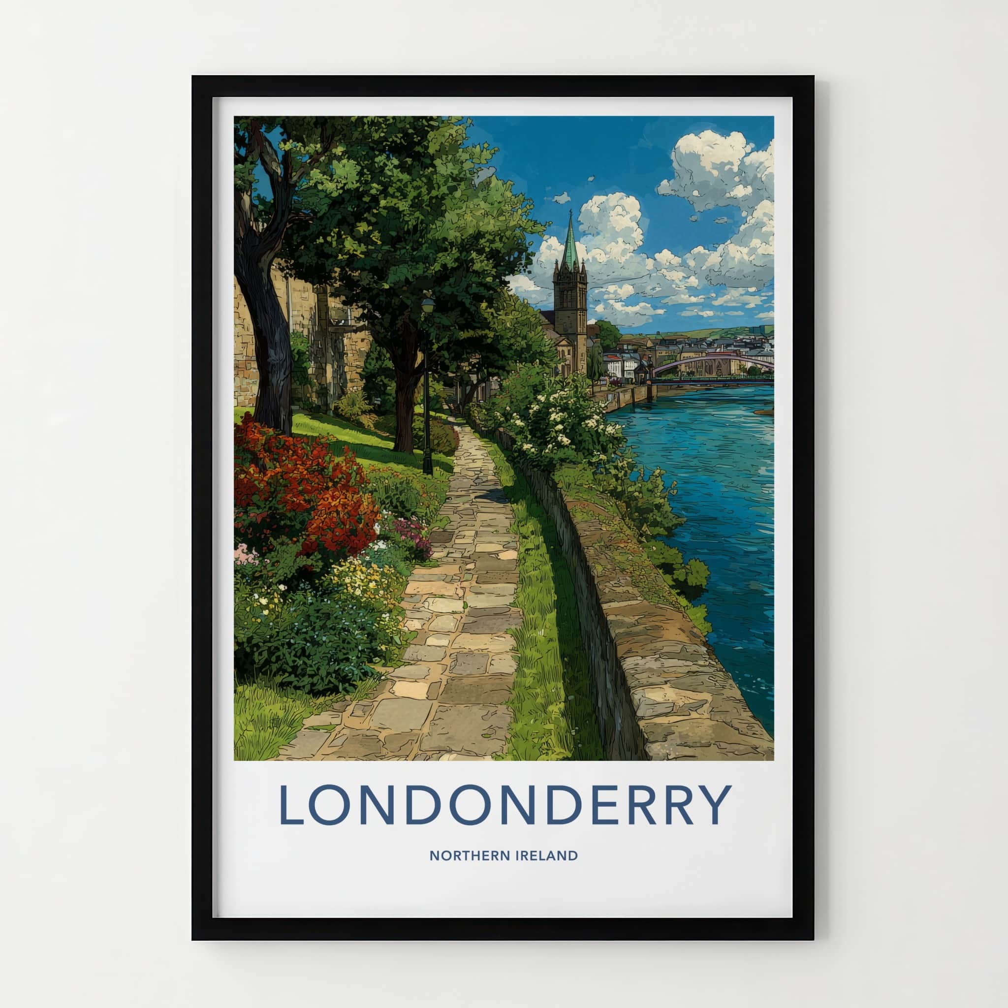 Londonderry Poster - Northern Ireland Wall Art - Riverside Stone Path Gift
