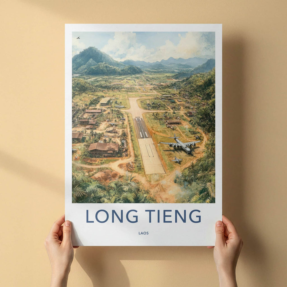 LONG TIENG Poster - Laos Travel Art - Jungle Airfield Valley Home Decor