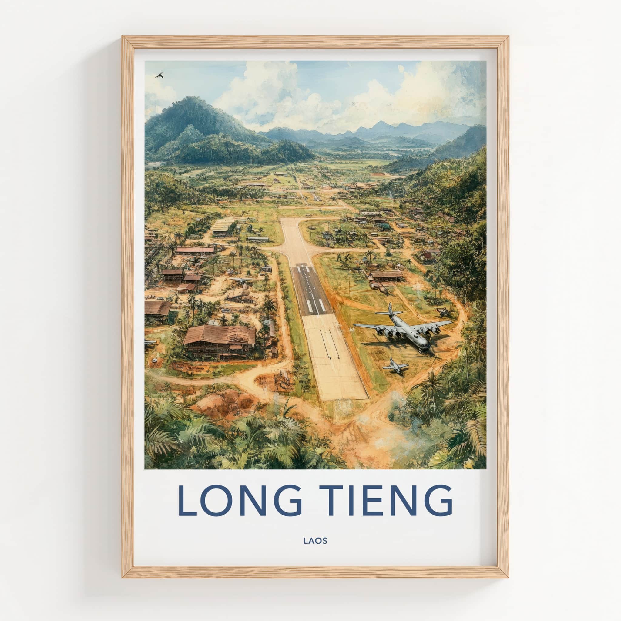 LONG TIENG Poster - Laos Travel Art - Jungle Airfield Valley Home Decor