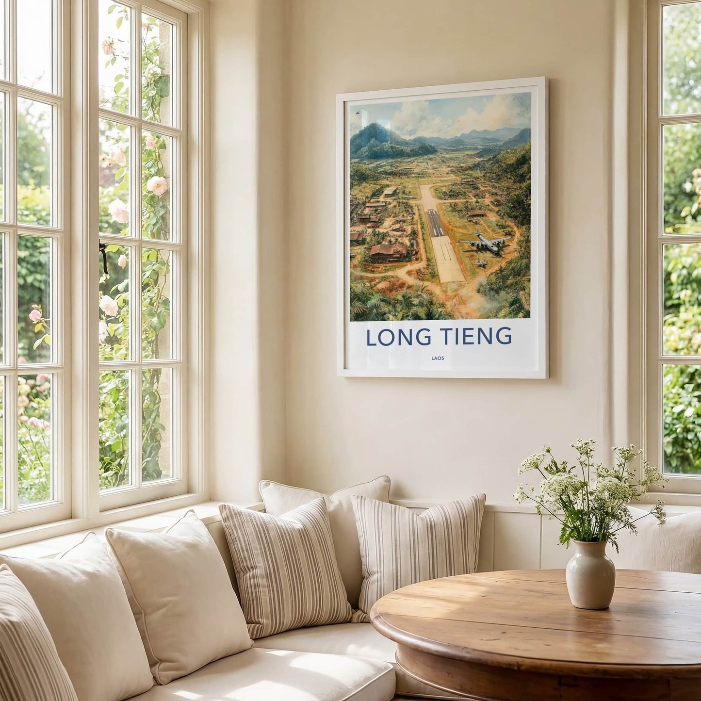LONG TIENG Poster - Laos Travel Art - Jungle Airfield Valley Home Decor