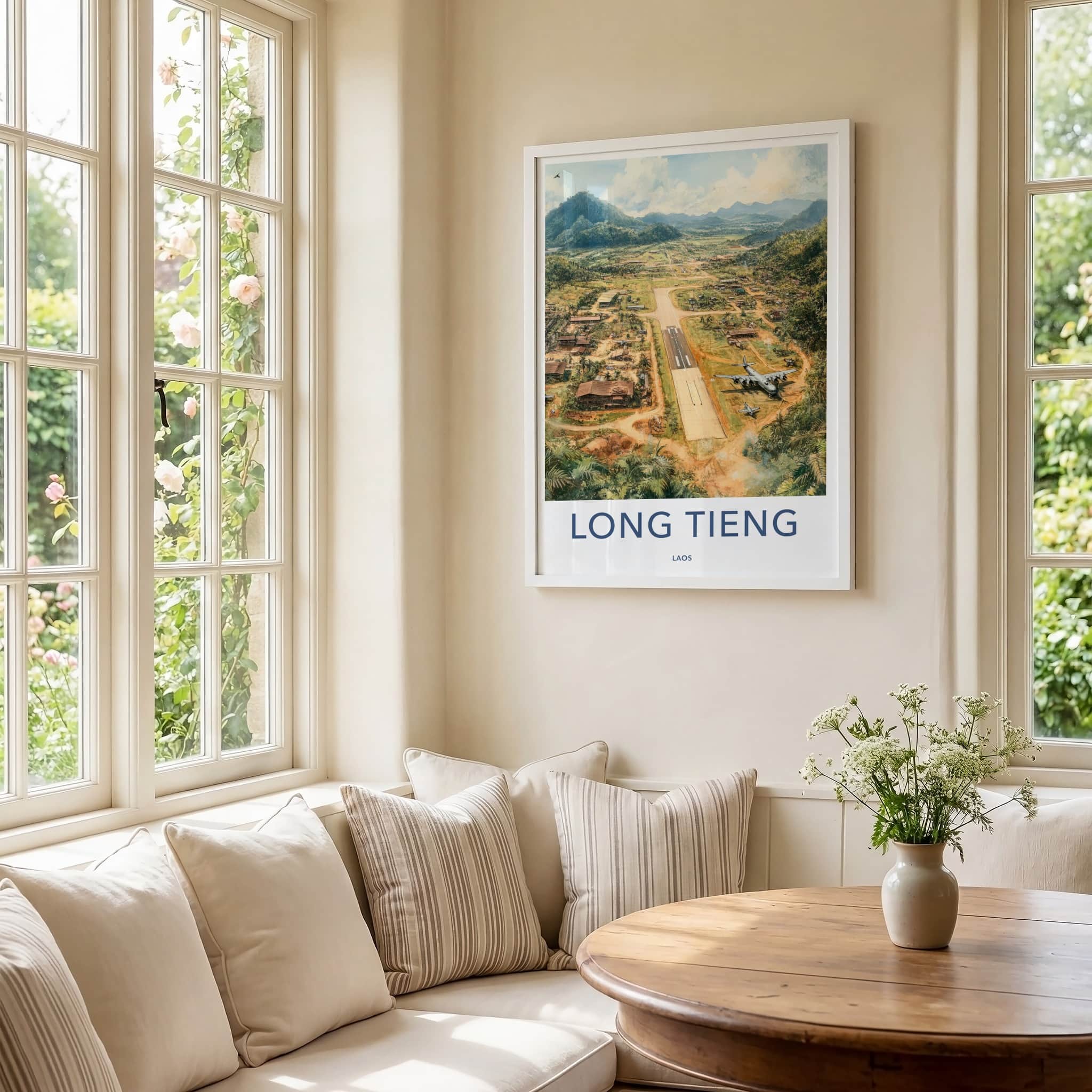 LONG TIENG Poster - Laos Travel Art - Jungle Airfield Valley Home Decor