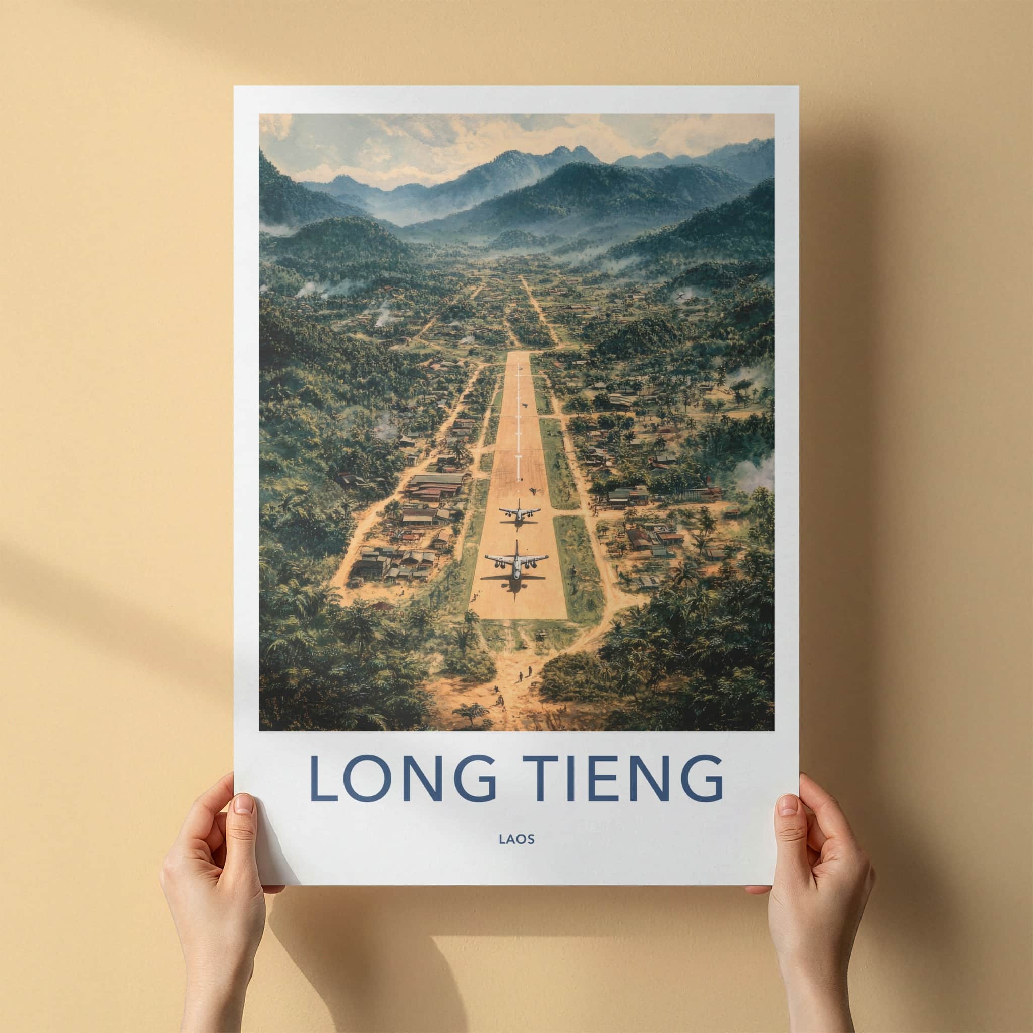 Long Tieng Poster - Laos Travel Art - Mountain Runway Village Home Decor