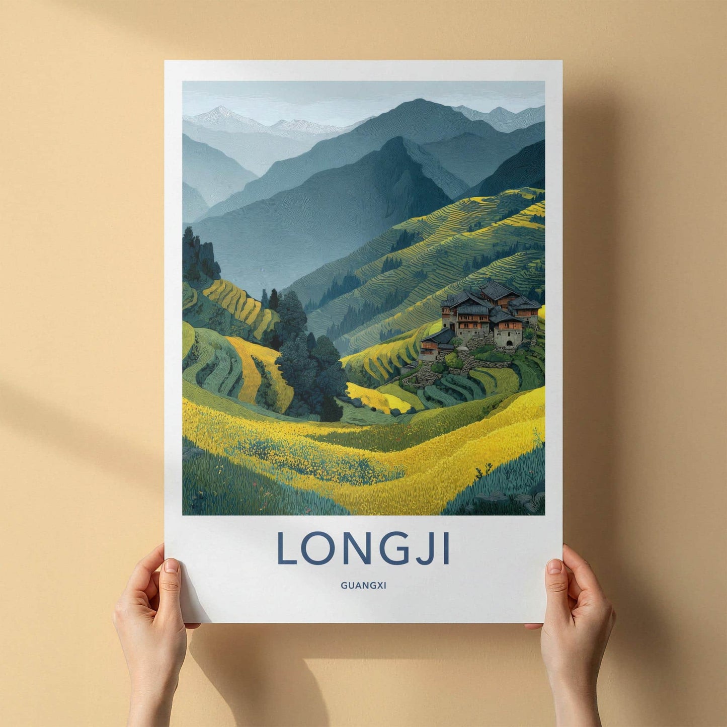 LONGJI Poster - China Travel Art - Terraced Fields Village Home Decor