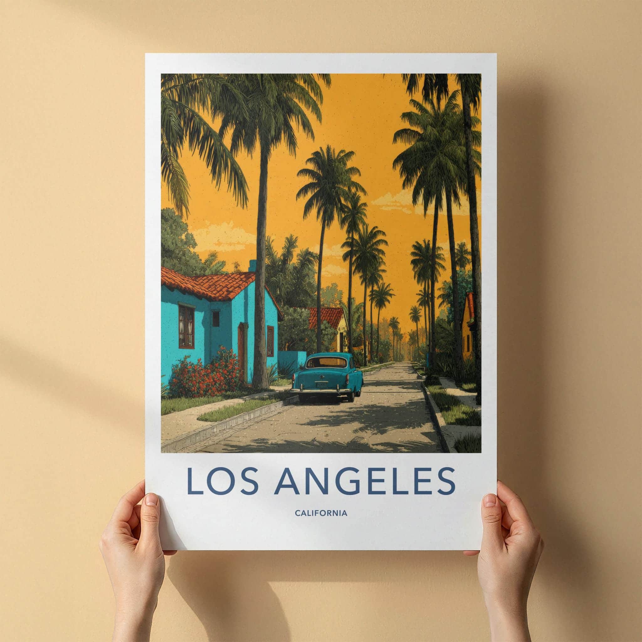 Los Angeles Poster - California Travel Art - Vintage Car Palms Home Decor