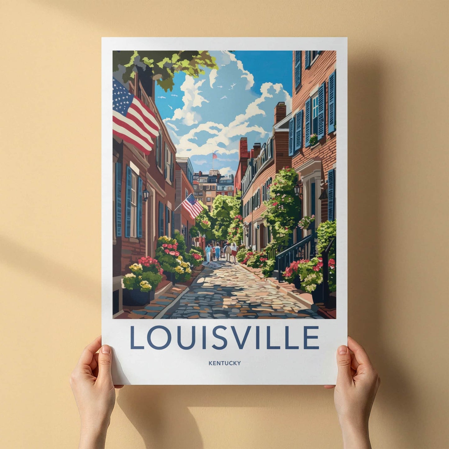 Louisville Poster - Kentucky Travel Art - Cobblestone Street Flags Home Decor
