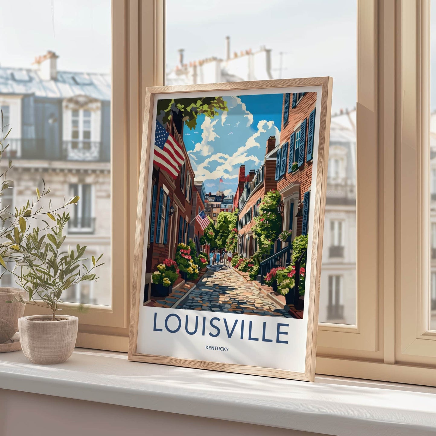 Louisville Poster - Kentucky Travel Art - Cobblestone Street Flags Home Decor