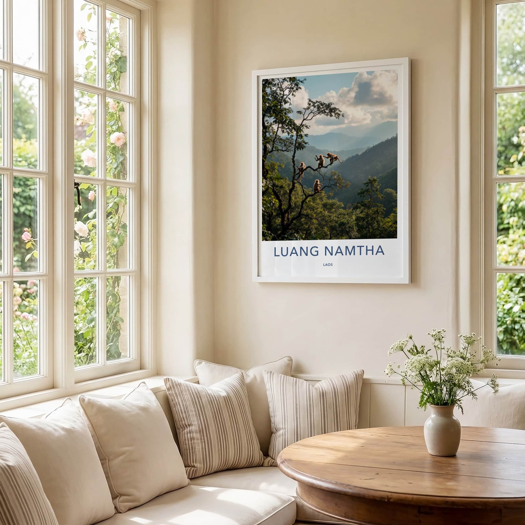 Luang Namtha Poster - Laos Travel Art - Monkeys Mountainous Jungle Wall Decor