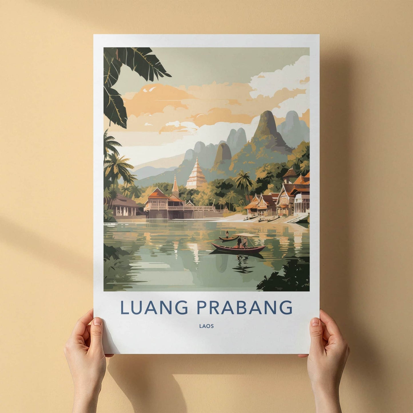 Luang Prabang Poster - Laos Travel Art - Boats Village Temples Home Decor