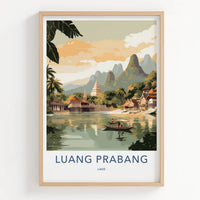 Luang Prabang Poster - Laos Travel Art - Boats Village Temples Home Decor
