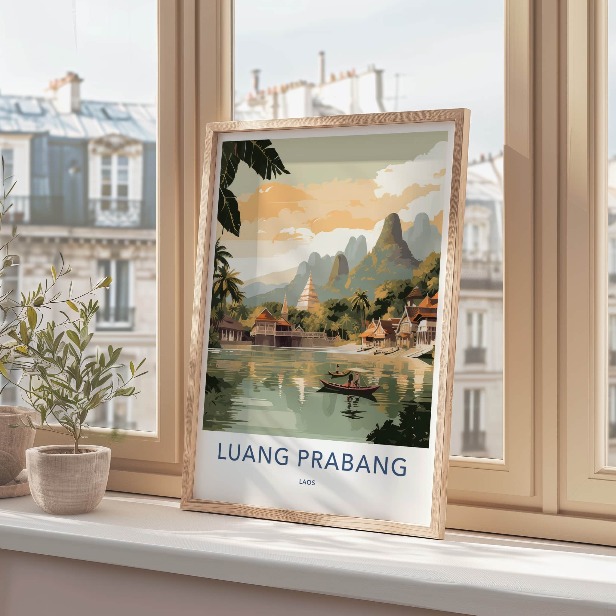 Luang Prabang Poster - Laos Travel Art - Boats Village Temples Home Decor