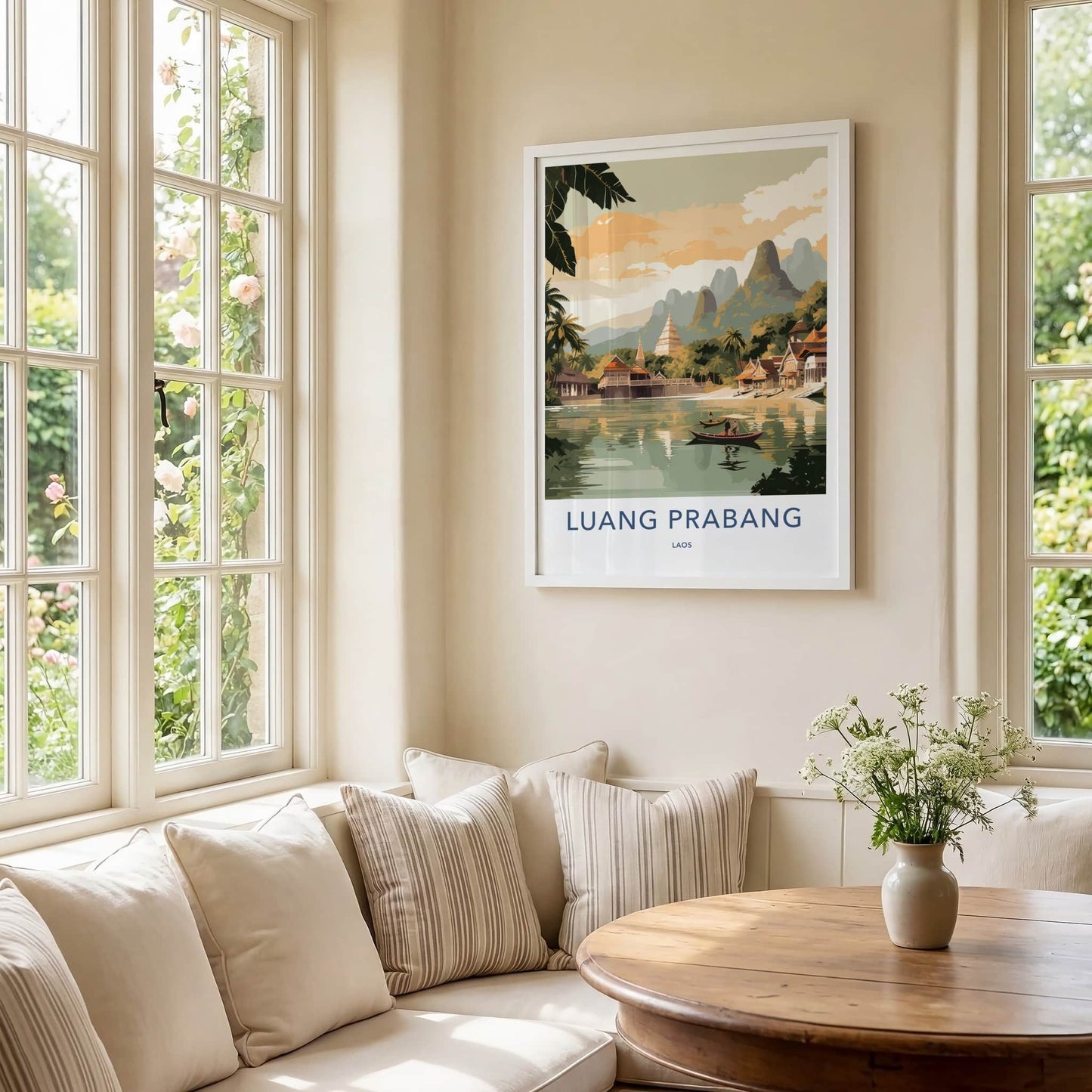 Luang Prabang Poster - Laos Travel Art - Boats Village Temples Home Decor