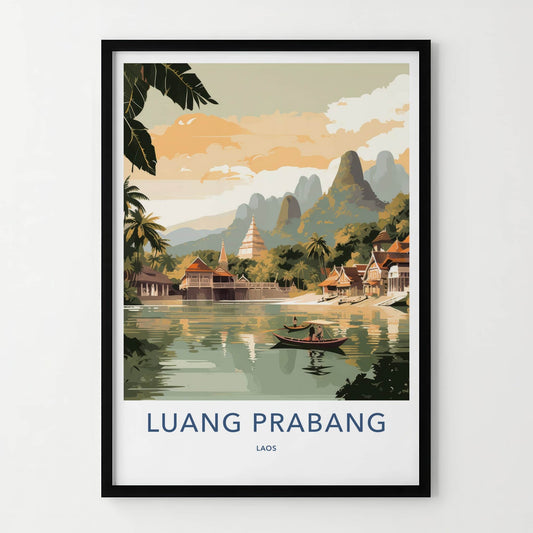 Luang Prabang Poster - Laos Travel Art - Boats Village Temples Home Decor