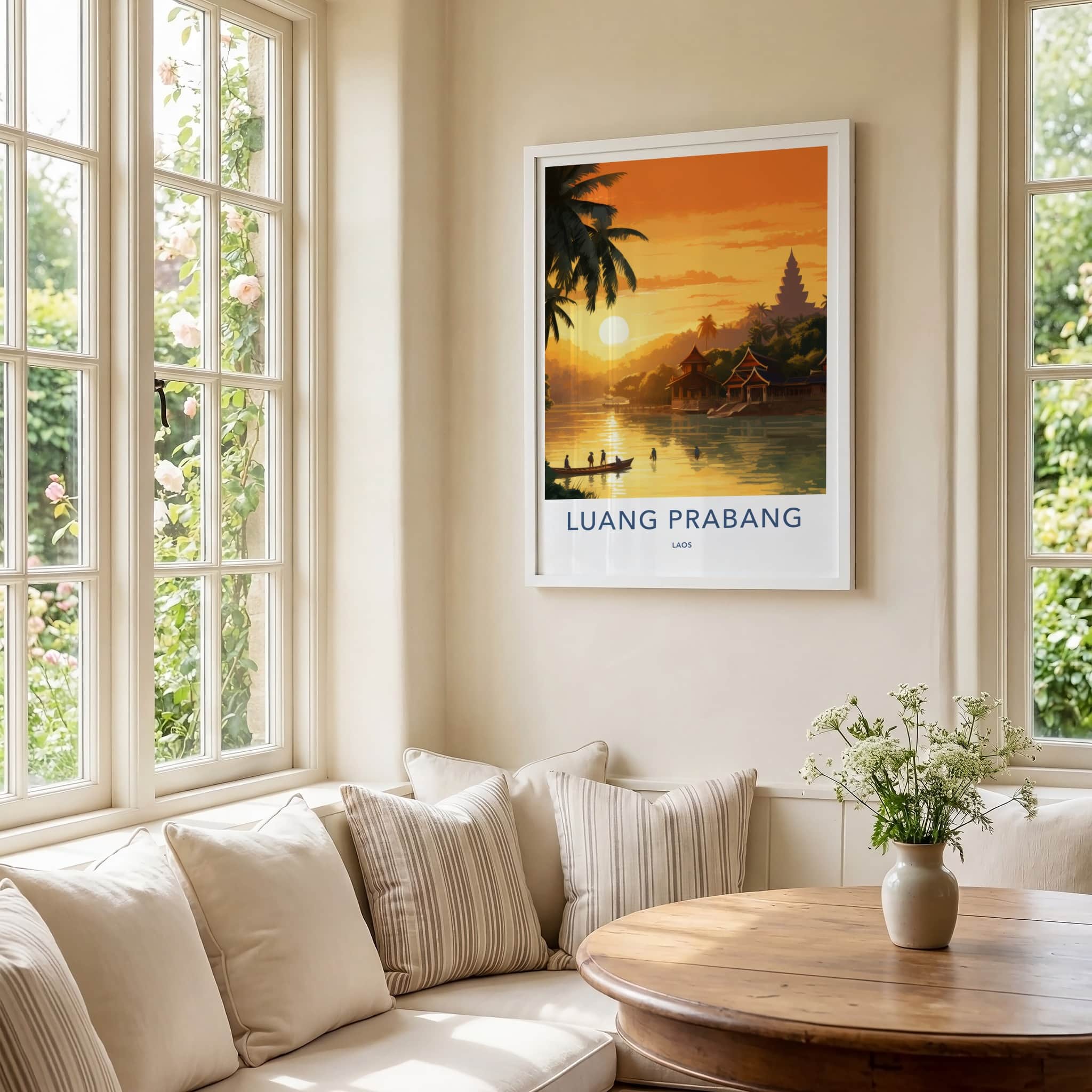 Luang Prabang Poster - Laos Travel Art - Golden River Sunset Wall Decor