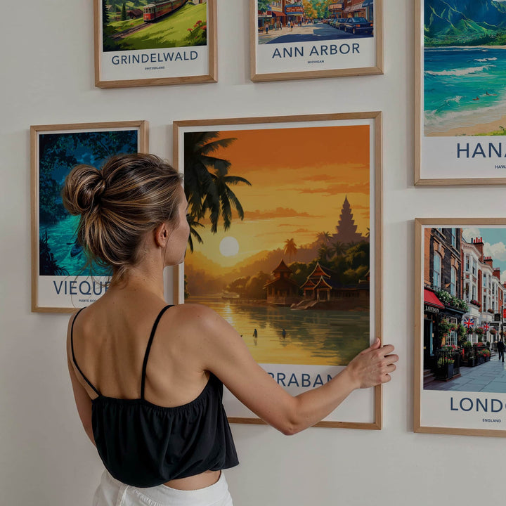Luang Prabang Poster - Laos Travel Art - Golden River Sunset Wall Decor