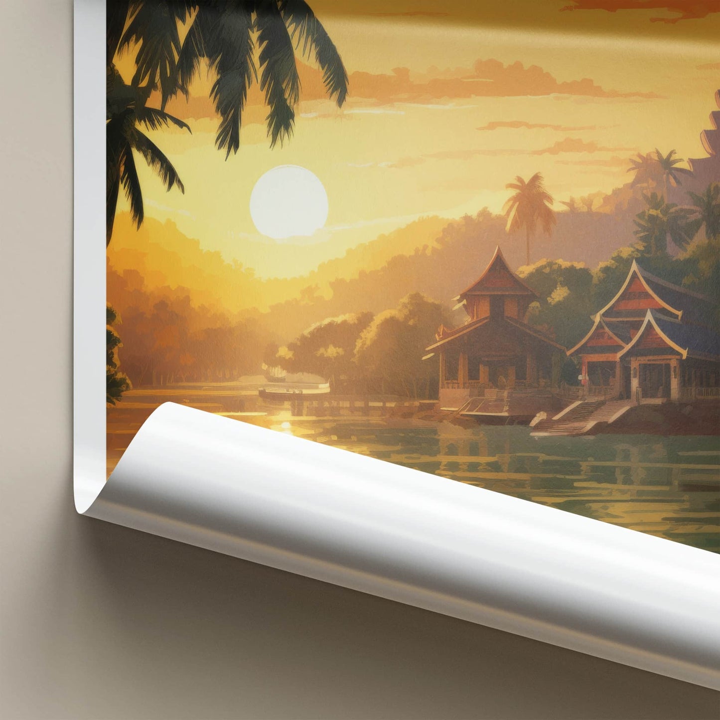 Luang Prabang Poster - Laos Travel Art - Golden River Sunset Wall Decor