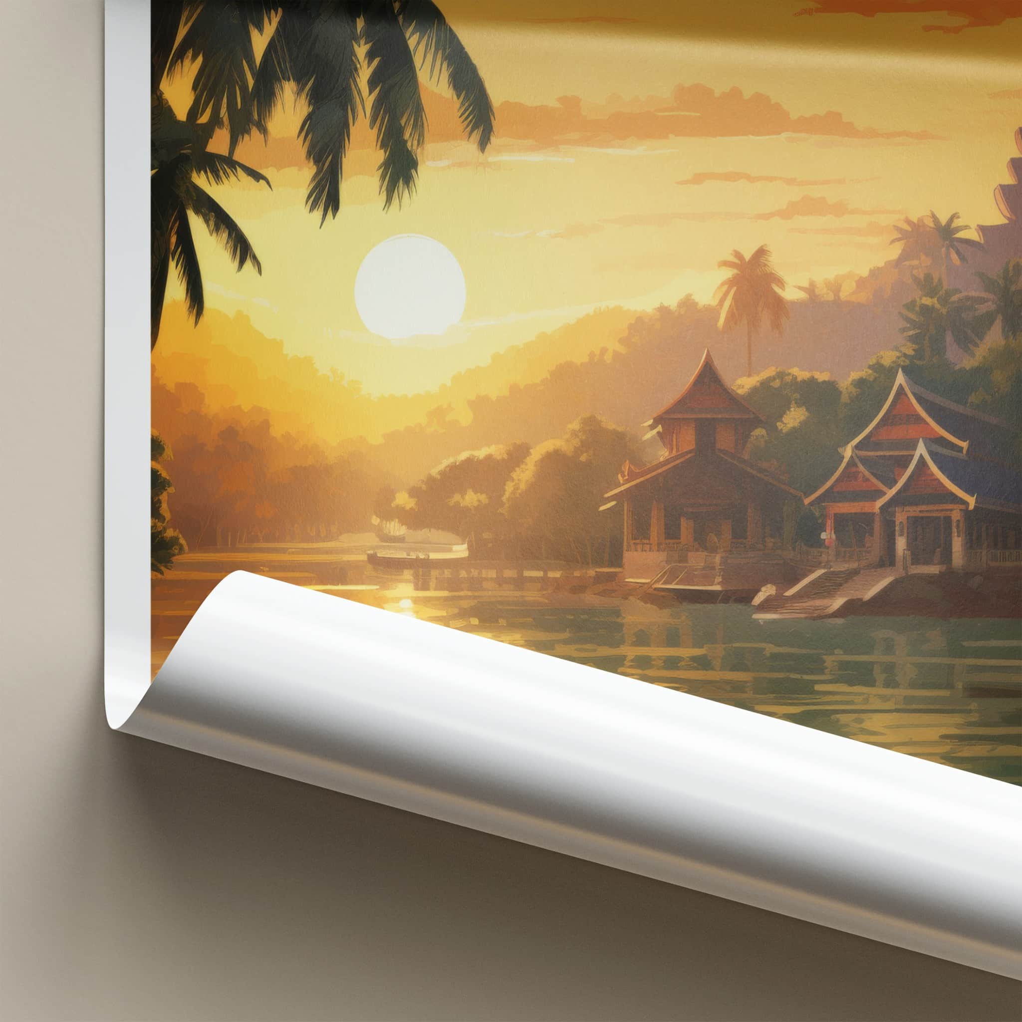 Luang Prabang Poster - Laos Travel Art - Golden River Sunset Wall Decor