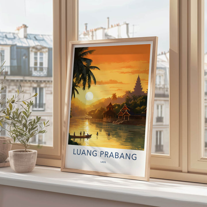 Luang Prabang Poster - Laos Travel Art - Golden River Sunset Wall Decor