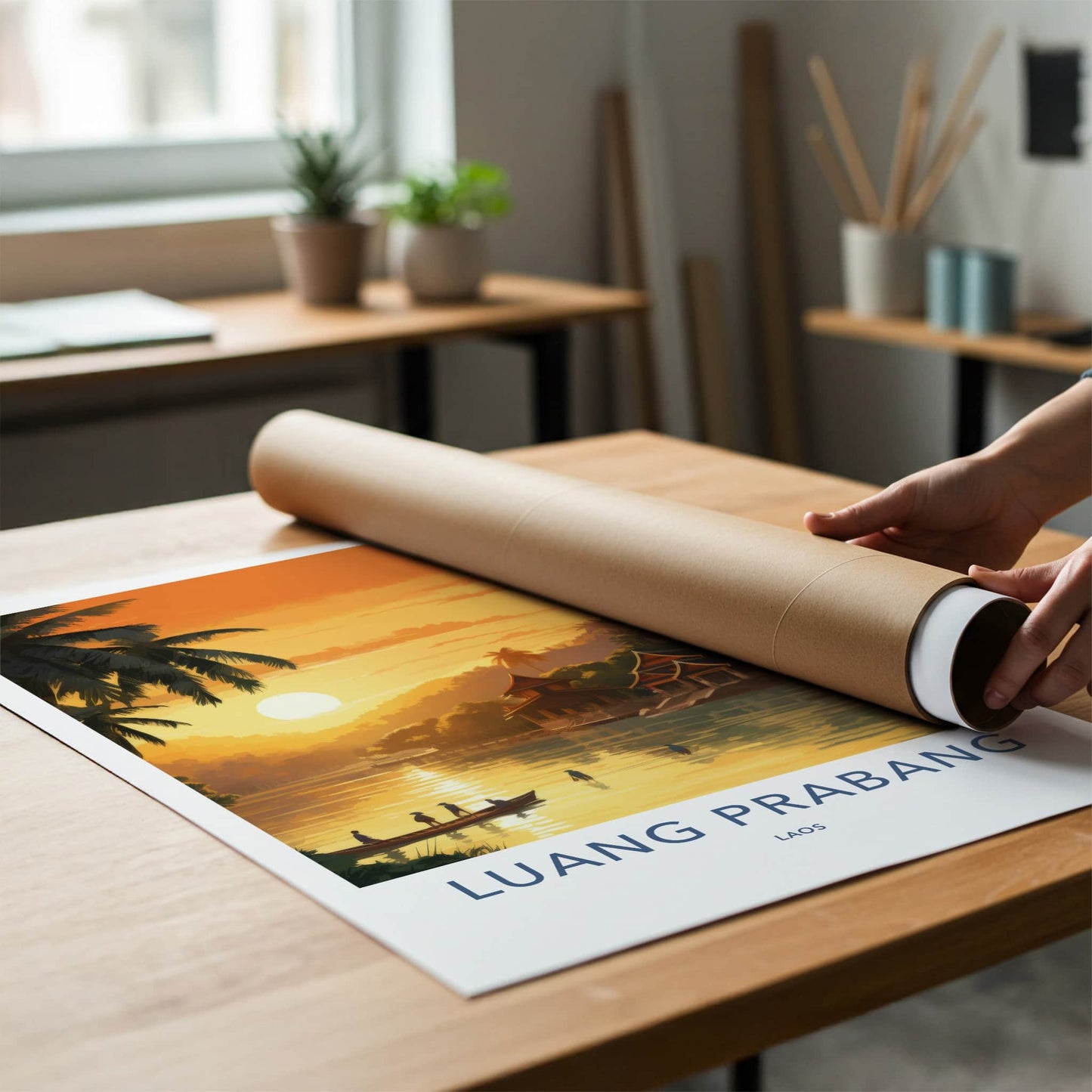 Luang Prabang Poster - Laos Travel Art - Golden River Sunset Wall Decor