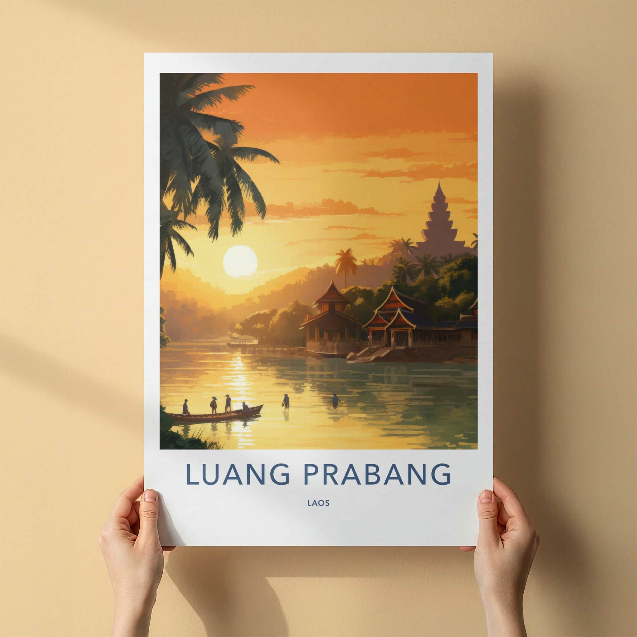 Luang Prabang Poster - Laos Travel Art - Golden River Sunset Wall Decor