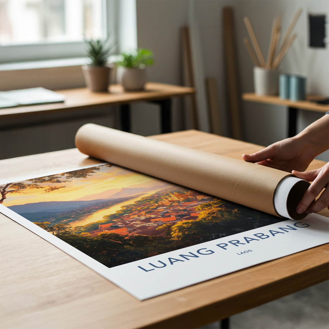 Luang Prabang Poster - Laos Travel Art - Golden Temple Glow Home Decor