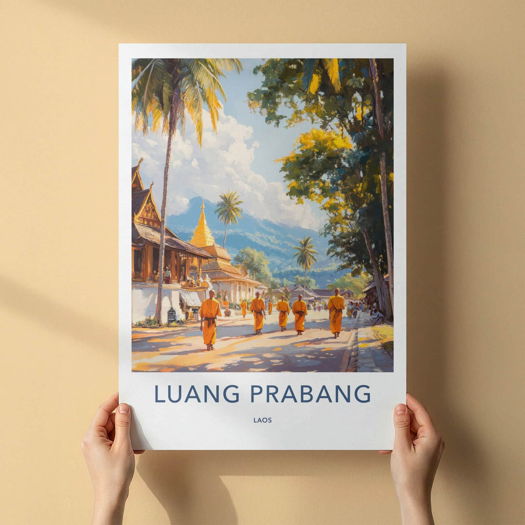 Luang Prabang Poster - Laos Travel Art - Golden Temple Monks Home Decor