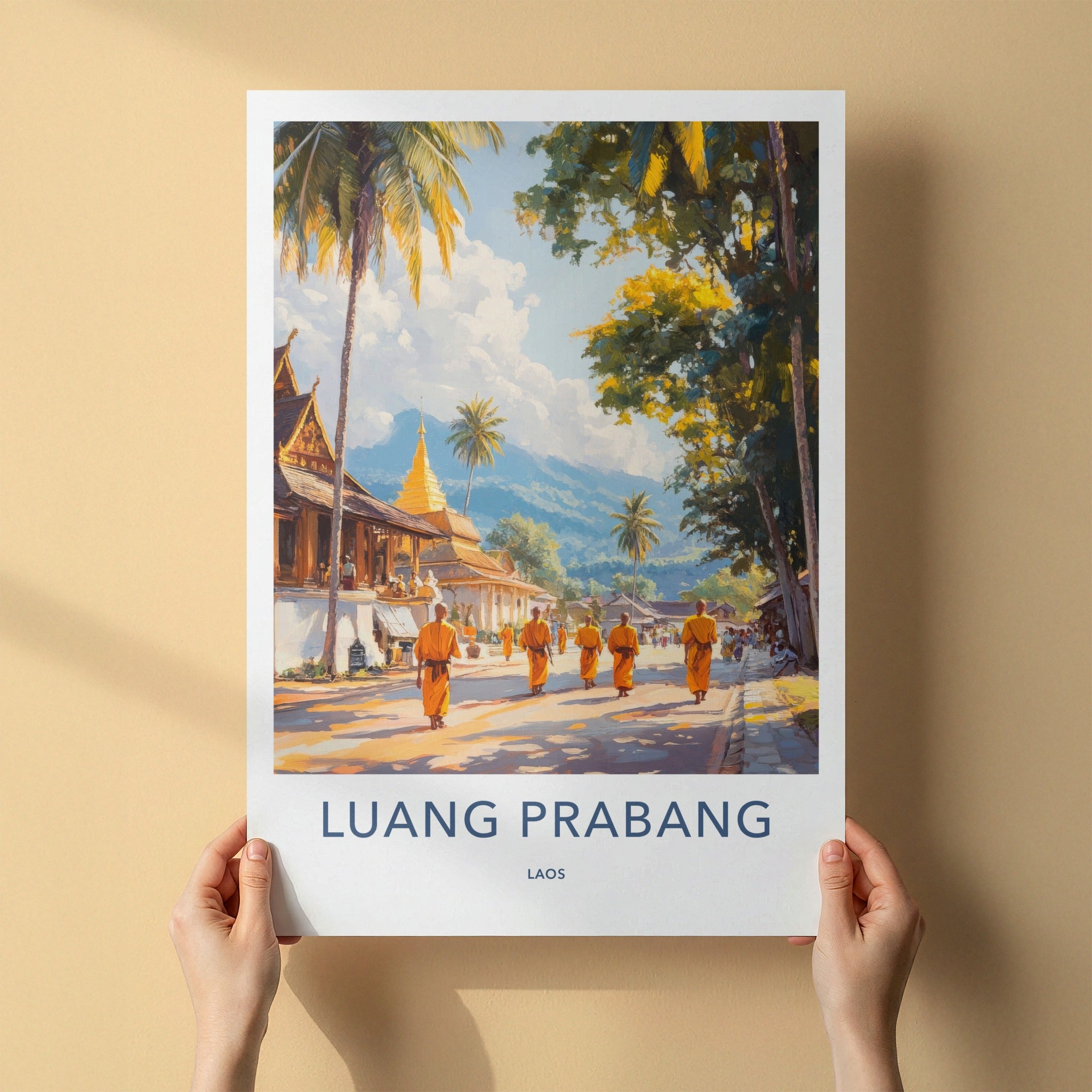 Luang Prabang Poster - Laos Travel Art - Golden Temple Monks Home Decor