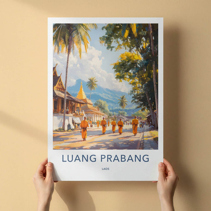 Luang Prabang Poster - Laos Travel Art - Golden Temple Monks Home Decor