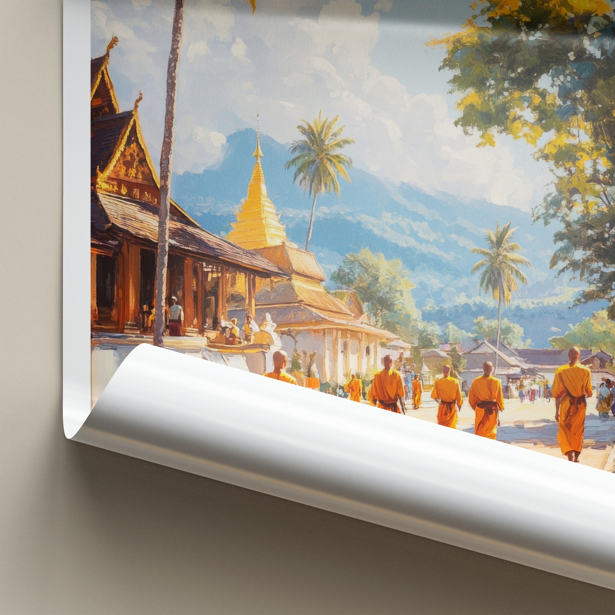 Luang Prabang Poster - Laos Travel Art - Golden Temple Monks Home Decor
