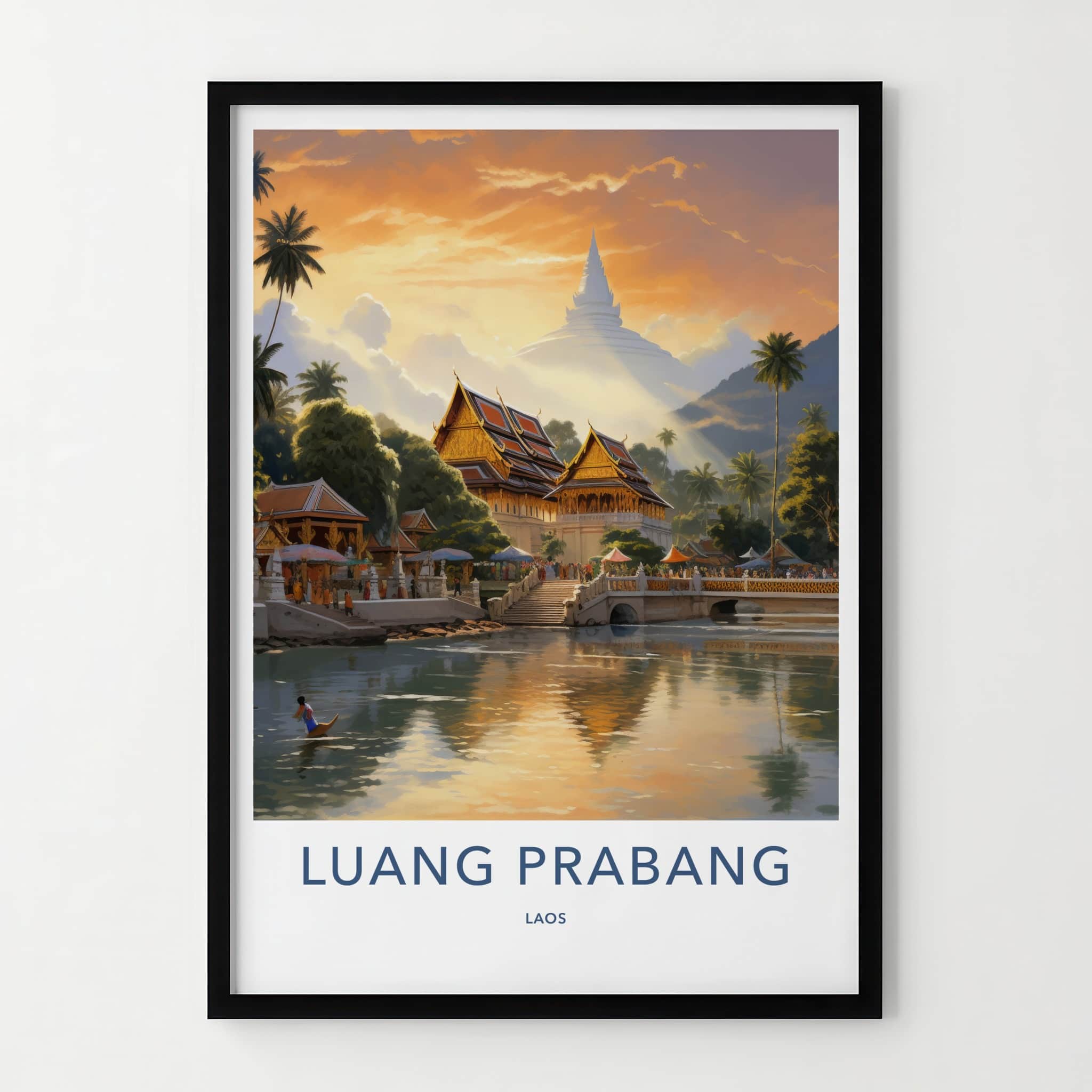 Luang Prabang Poster - Laos Travel Art - Golden Temple Sunset Home Decor