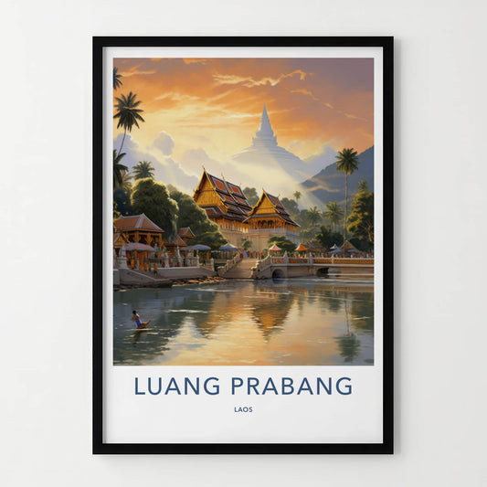 Luang Prabang Poster - Laos Travel Art - Golden Temple Sunset Home Decor