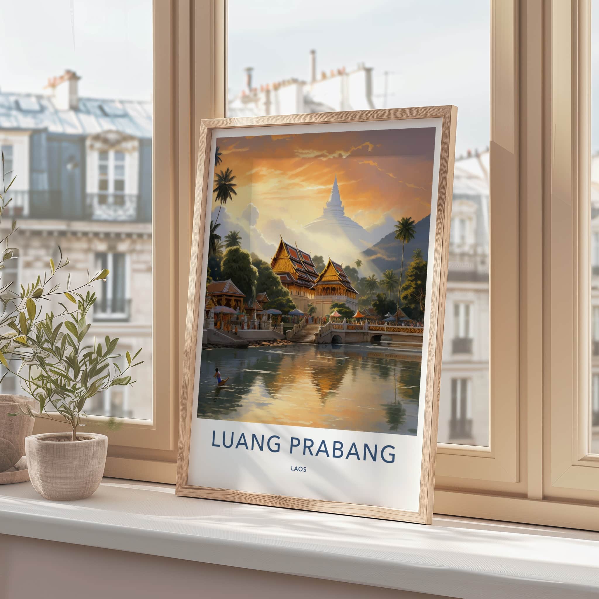 Luang Prabang Poster - Laos Travel Art - Golden Temple Sunset Home Decor