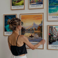 Luang Prabang Poster - Laos Travel Art - Monk Boating Sunset Home Decor
