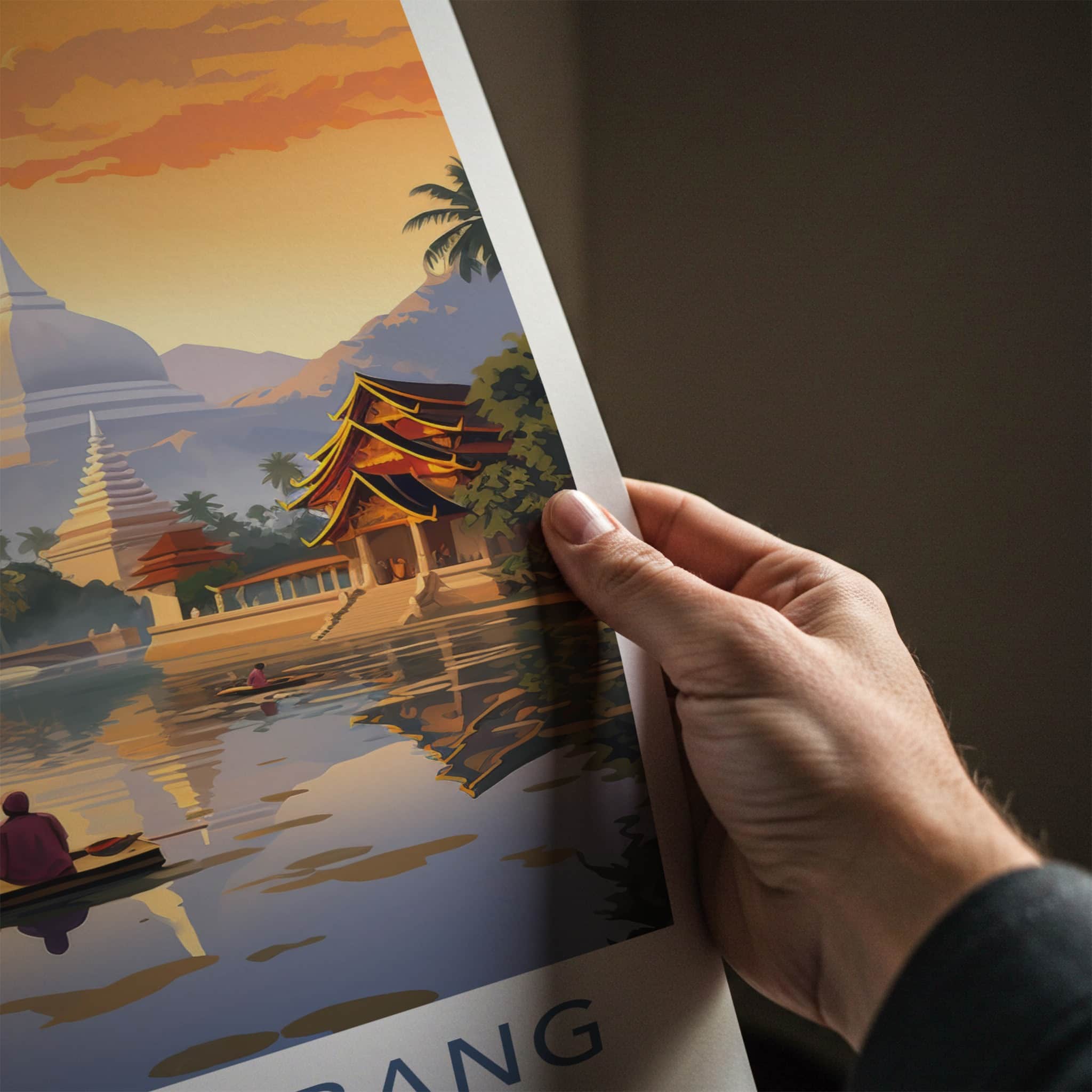 Luang Prabang Poster - Laos Travel Art - Monk Boating Sunset Home Decor