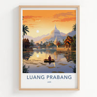 Luang Prabang Poster - Laos Travel Art - Monk Boating Sunset Home Decor