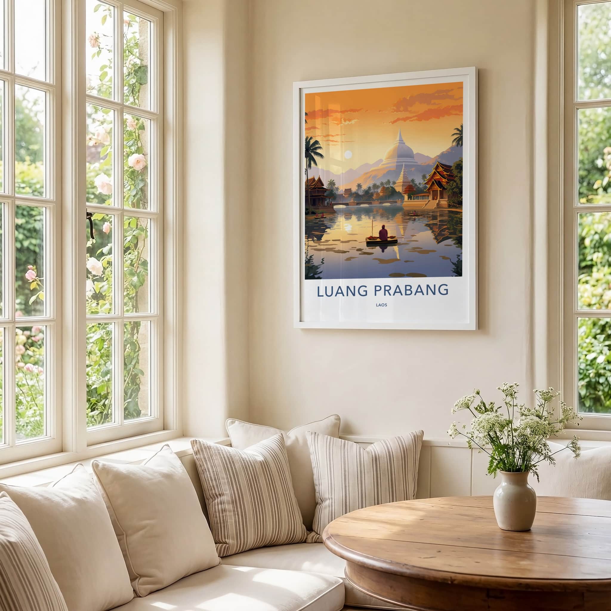 Luang Prabang Poster - Laos Travel Art - Monk Boating Sunset Home Decor