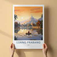 Luang Prabang Poster - Laos Travel Art - Monk Boating Sunset Home Decor
