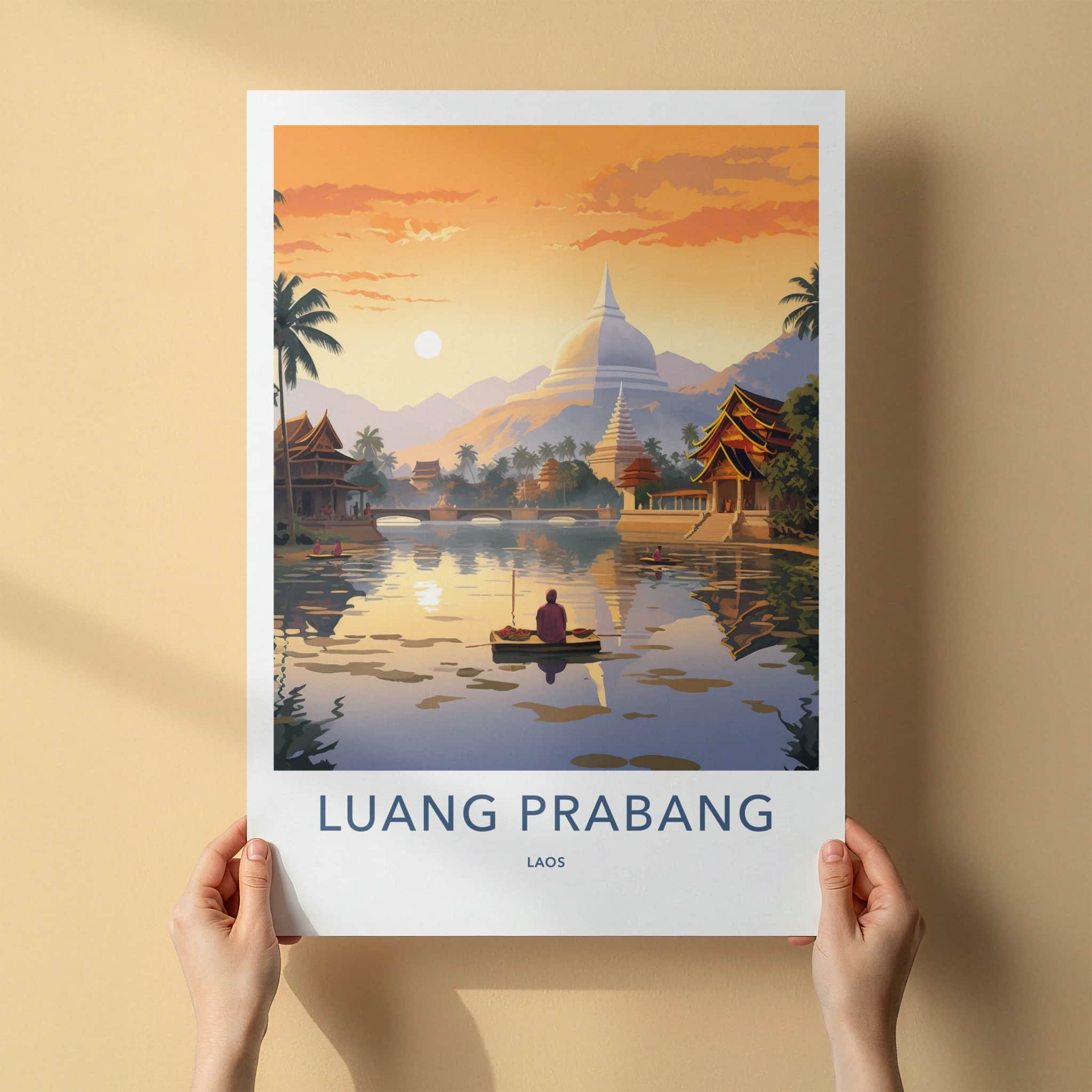 Luang Prabang Poster - Laos Travel Art - Monk Boating Sunset Home Decor