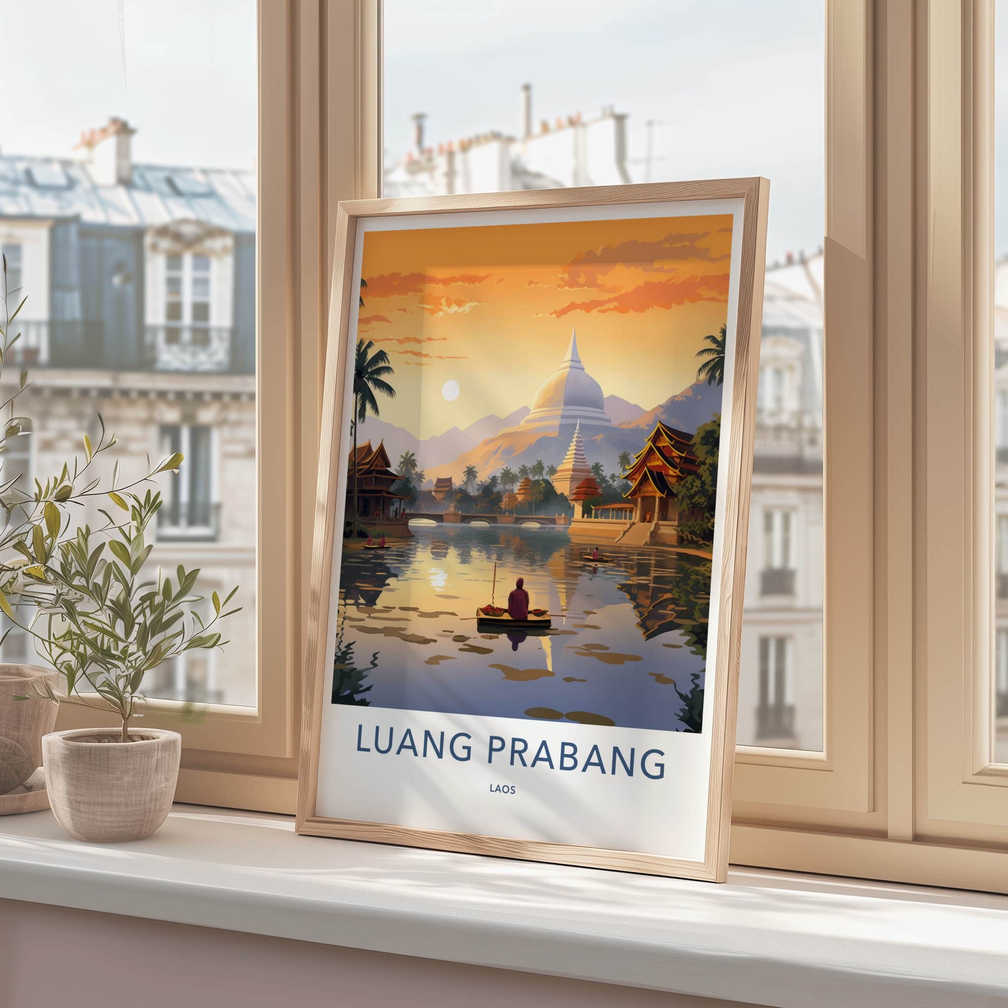 Luang Prabang Poster - Laos Travel Art - Monk Boating Sunset Home Decor