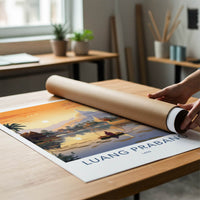 Luang Prabang Poster - Laos Travel Art - Monk Boating Sunset Home Decor