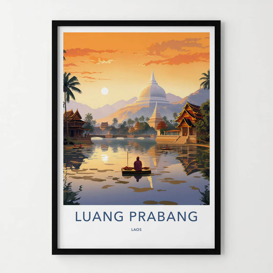 Luang Prabang Poster - Laos Travel Art - Monk Boating Sunset Home Decor
