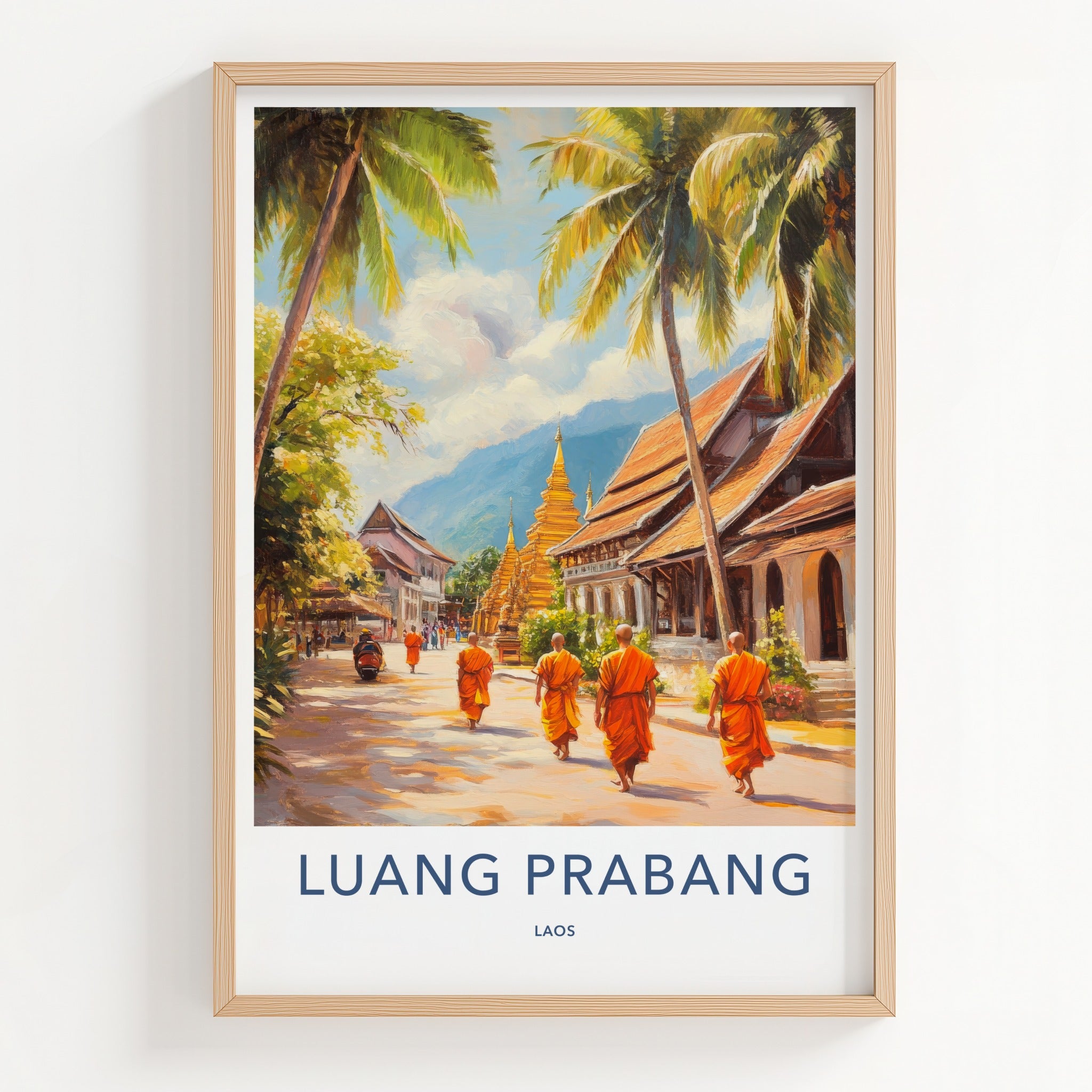 Luang Prabang Poster - Laos Travel Art - Monks Golden Stupas Home Decor