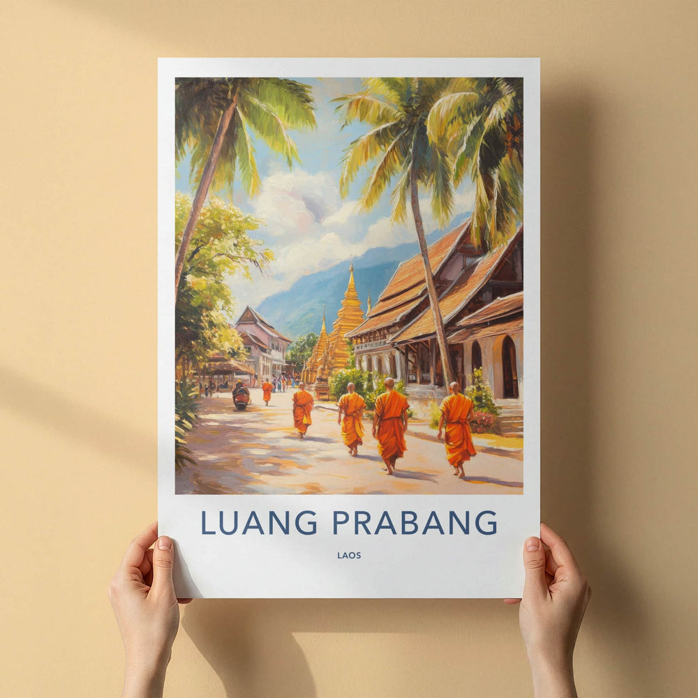 Luang Prabang Poster - Laos Travel Art - Monks Golden Stupas Home Decor