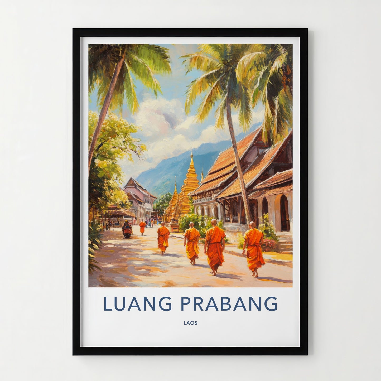 Luang Prabang Poster - Laos Travel Art - Monks Golden Stupas Home Decor