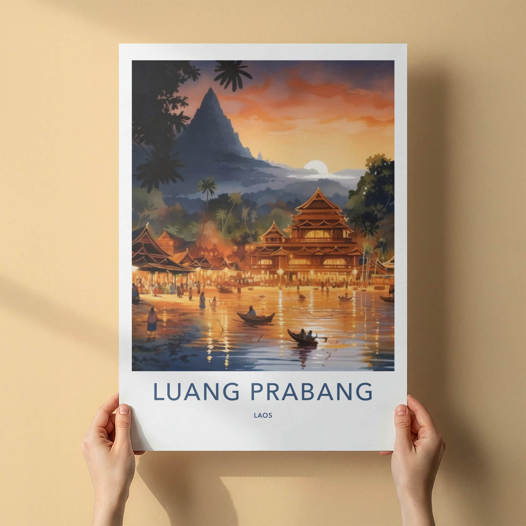 Luang Prabang Poster - Laos Travel Art - River Sunset Village Home Decor