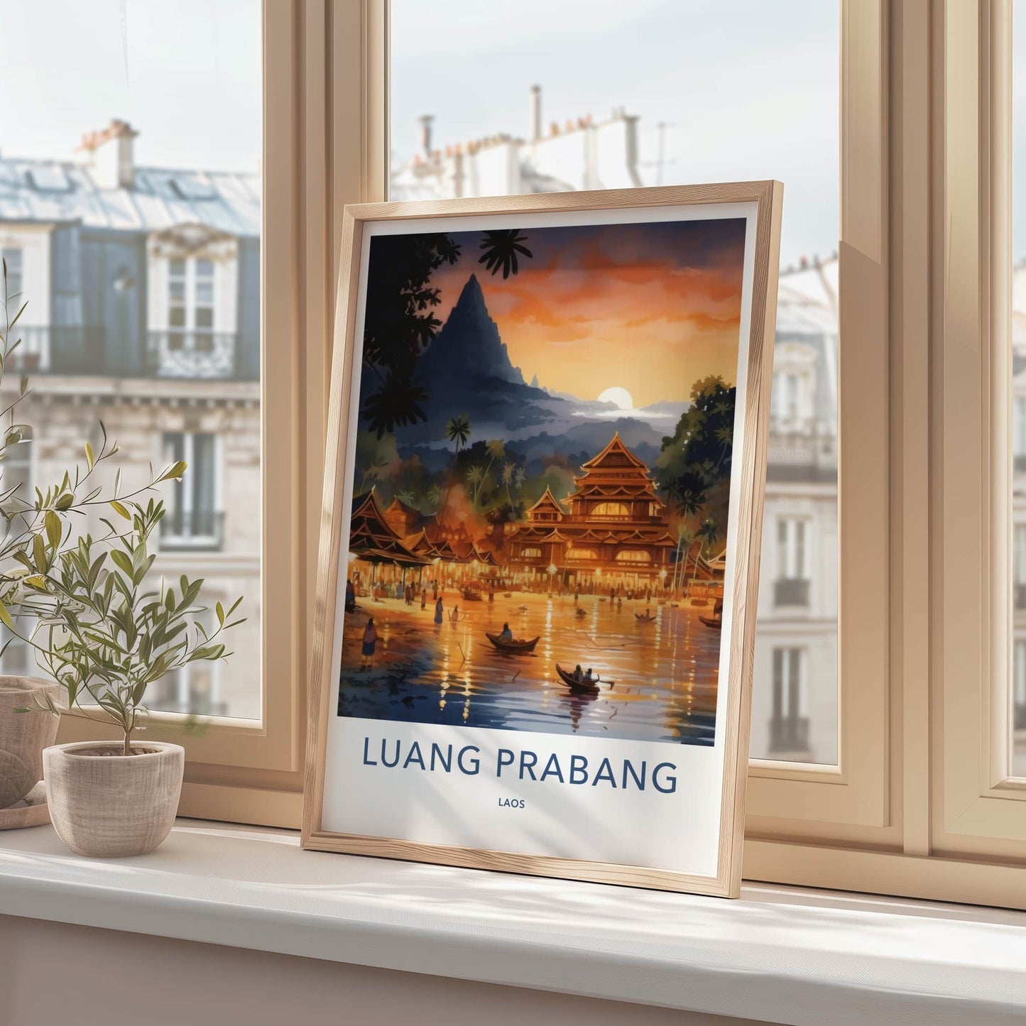 Luang Prabang Poster - Laos Travel Art - River Sunset Village Home Decor