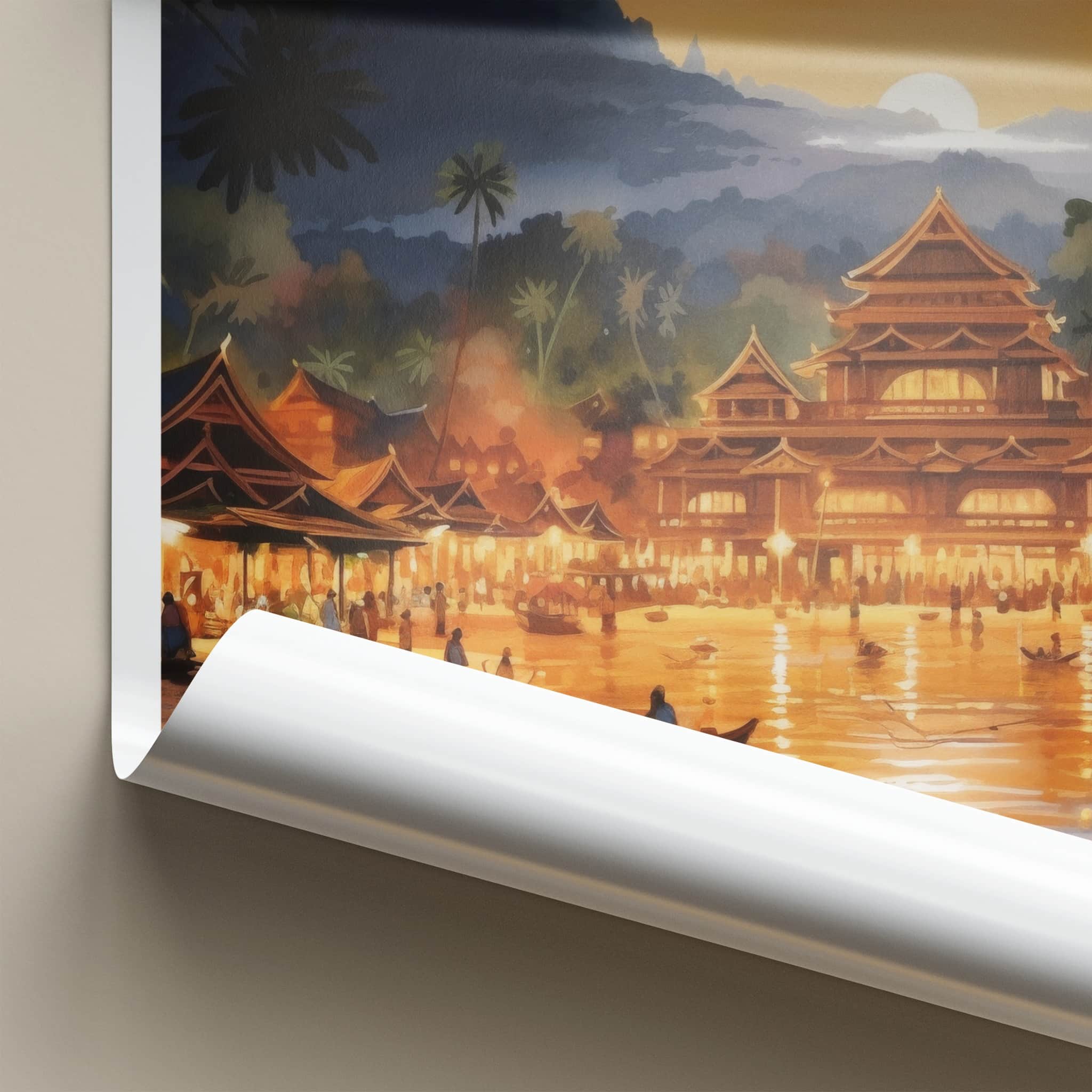 Luang Prabang Poster - Laos Travel Art - River Sunset Village Home Decor