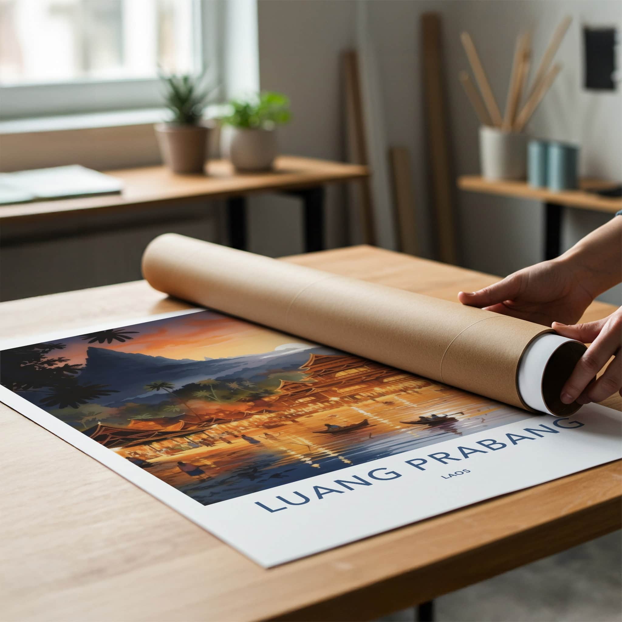 Luang Prabang Poster - Laos Travel Art - River Sunset Village Home Decor